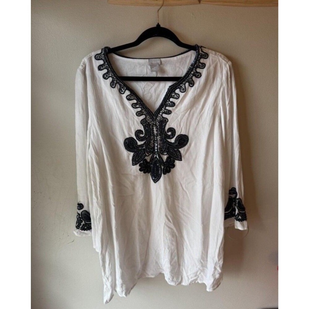 Chico’s Size 1 White Beaded Embroidered Tunic Top - Medium 8/10